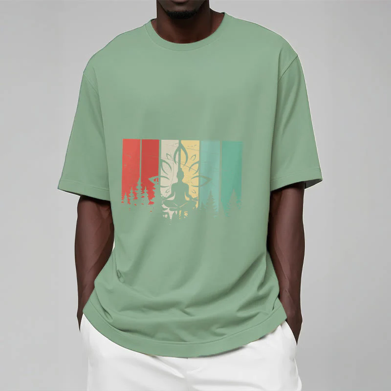 Buddha Stones Statua Buddy Medytująca W Pozycji Lotosu Wzór Cienia Bawełniana Koszulka T-shirt - Image 16