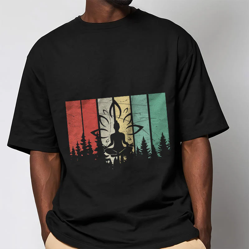 Buddha Stones Statua Buddy Medytująca W Pozycji Lotosu Wzór Cienia Bawełniana Koszulka T-shirt - Image 2