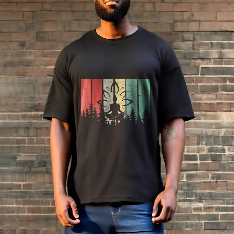 Buddha Stones Statua Buddy Medytująca W Pozycji Lotosu Wzór Cienia Bawełniana Koszulka T-shirt - Image 4