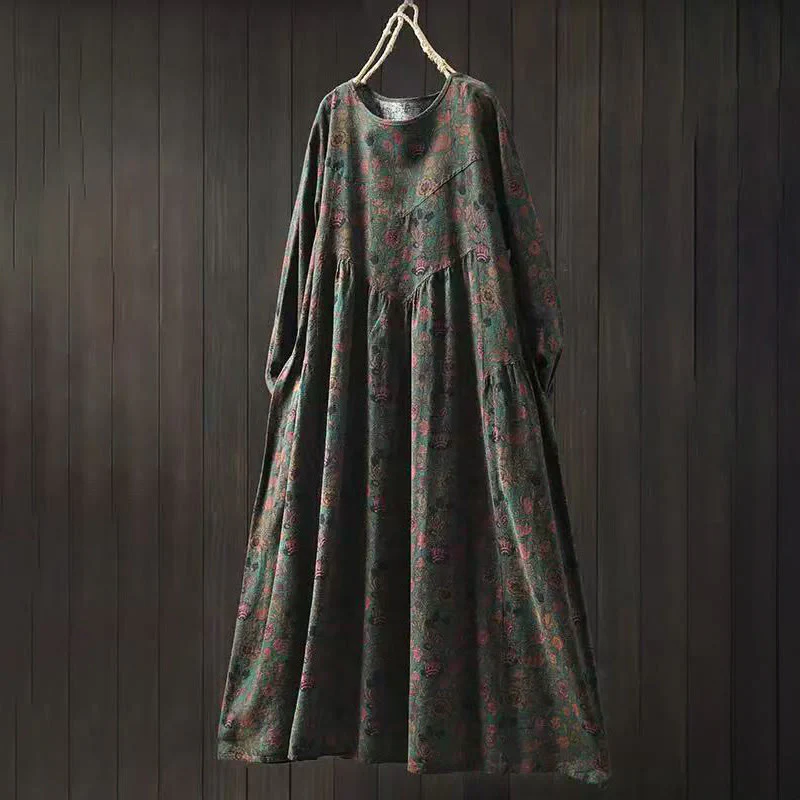 Buddha Stones Sukienka maxi z bawełny w kwiaty w stylu retro, z długim rękawem i krojem litery A