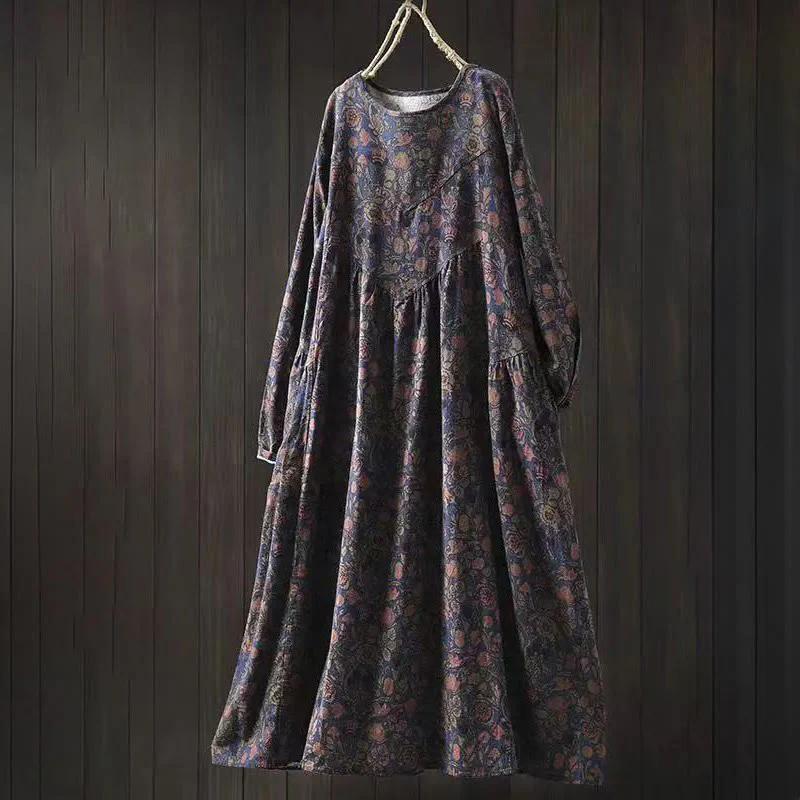 Buddha Stones Sukienka maxi z bawełny w kwiaty w stylu retro, z długim rękawem i krojem litery A - Image 12