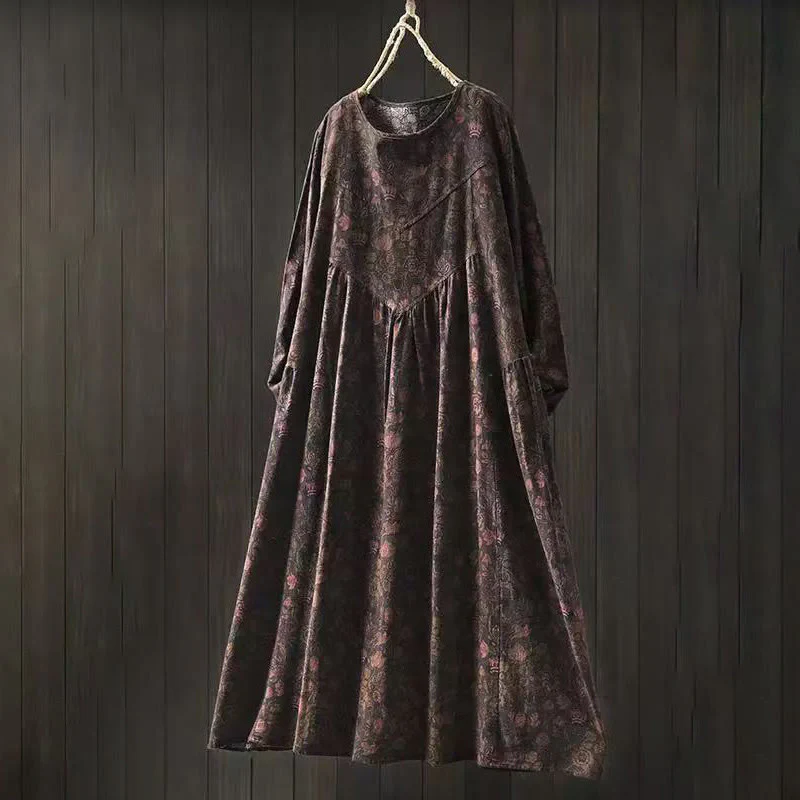 Buddha Stones Sukienka maxi z bawełny w kwiaty w stylu retro, z długim rękawem i krojem litery A - Image 14