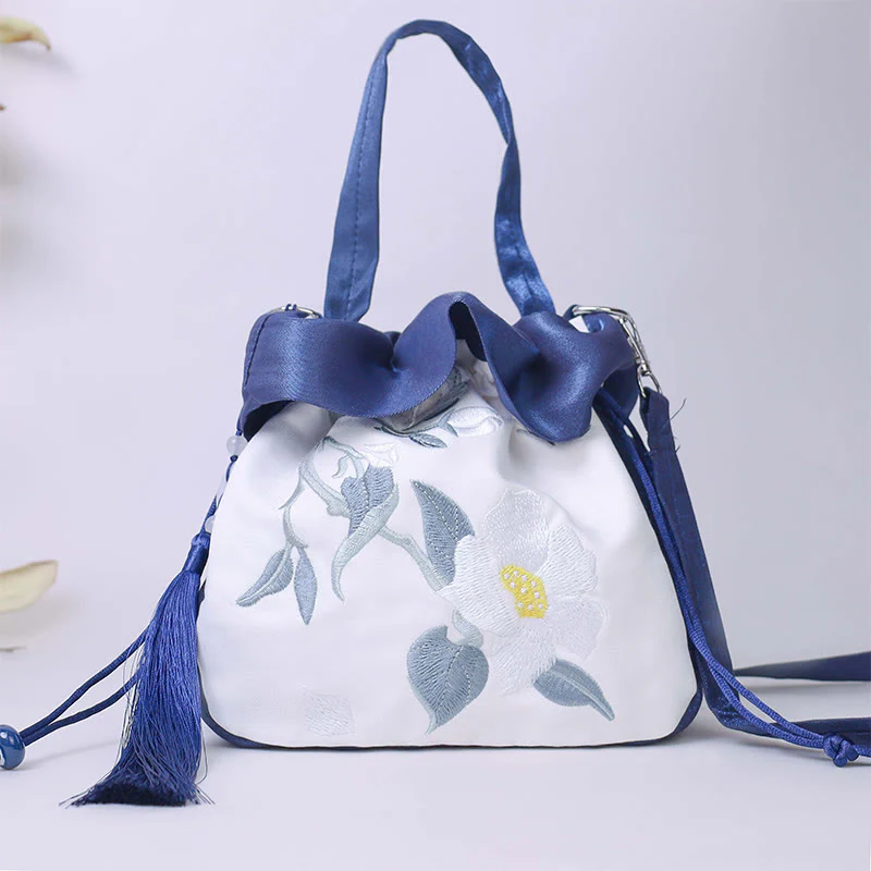 Buddha Stones Suzhou Haft Kamelia Magnolia Piwonia Lotos Jedwabna Torba Torebka Crossbody Torba na Ramię Torebka