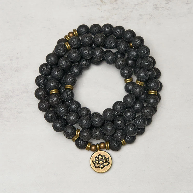 Buddha Stones, symbol lotosu w stylu retro, zawieszka z koralików z lawy wulkanicznej, uzdrawiająca mala nowego początku