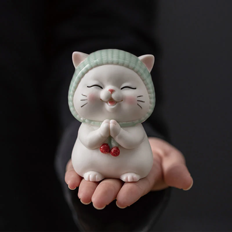 Buddha Stones Szczęśliwy Uroczy Kot W Szaliku Ceramiczna Figurka Dekoracja