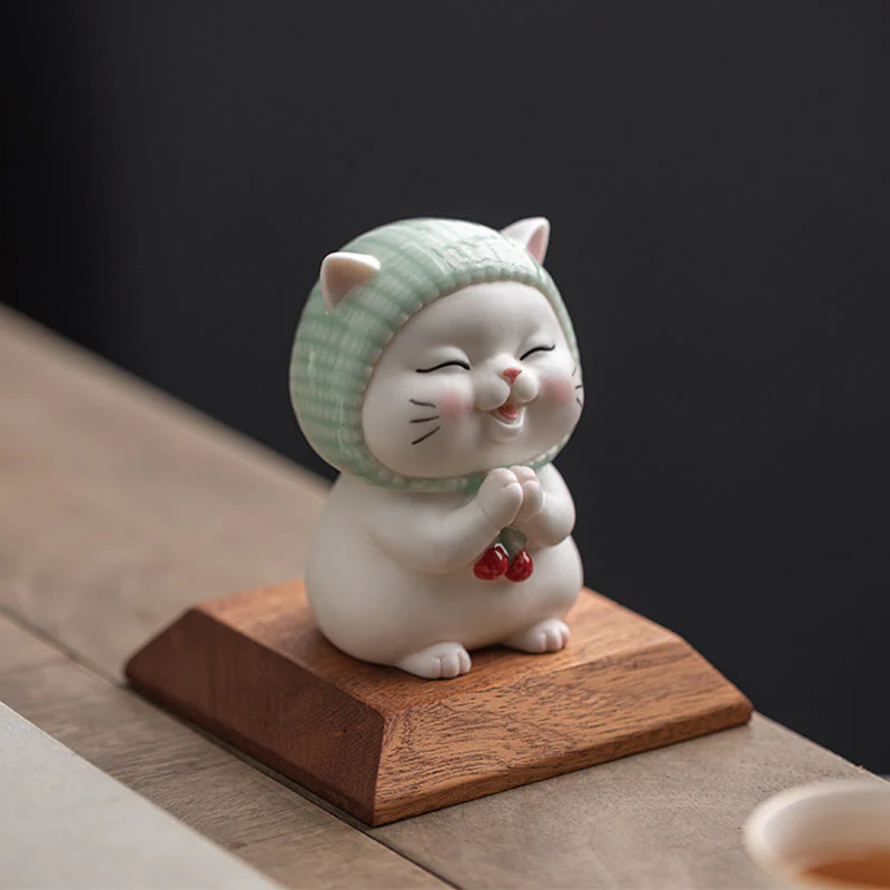 Buddha Stones Szczęśliwy Uroczy Kot W Szaliku Ceramiczna Figurka Dekoracja - Image 17