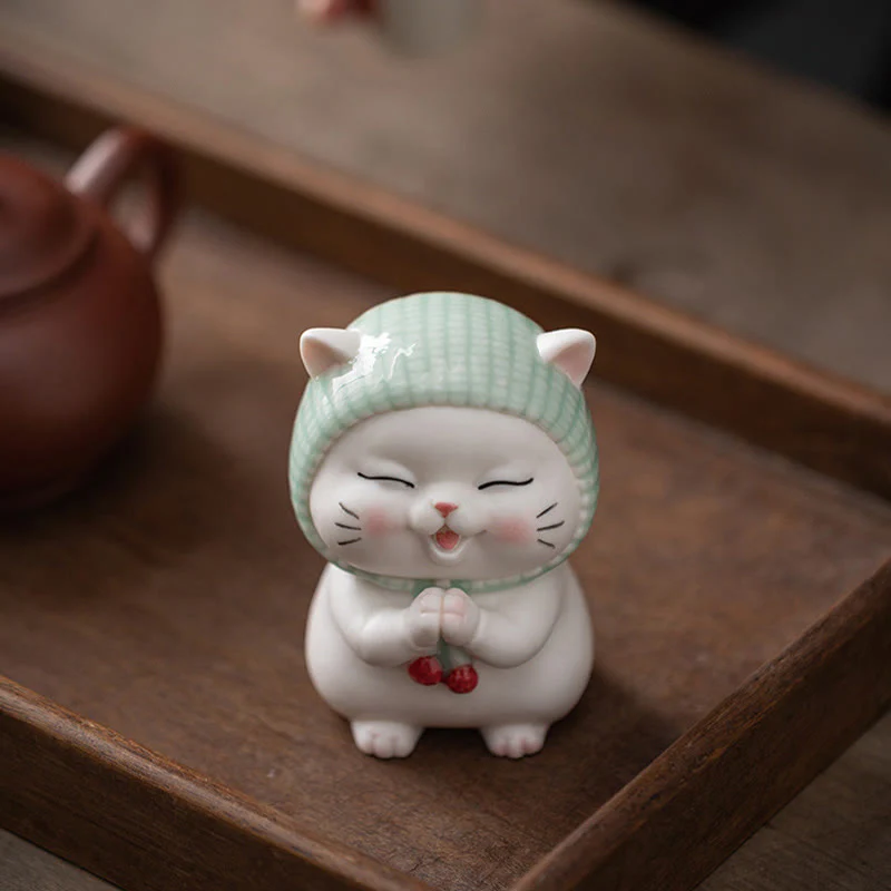 Buddha Stones Szczęśliwy Uroczy Kot W Szaliku Ceramiczna Figurka Dekoracja - Image 2