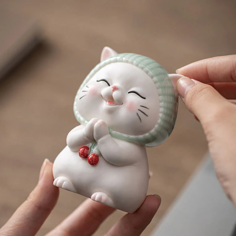 Buddha Stones Szczęśliwy Uroczy Kot W Szaliku Ceramiczna Figurka Dekoracja - Image 5