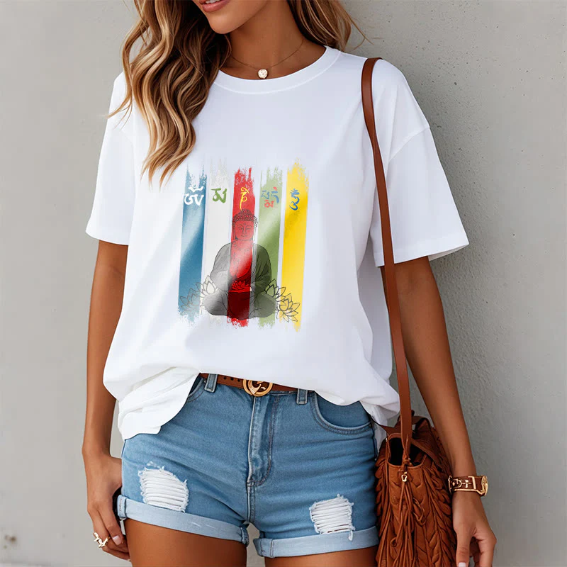 Buddha Stones Sześć Prawdziwych Słów ' Om Mani Padme Hum' Budda Siedzący Z Lotosem Bawełniana Koszulka T-shirt - Image 11