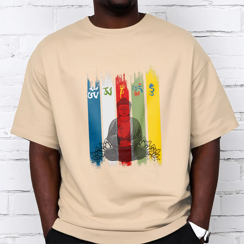 Buddha Stones Sześć Prawdziwych Słów ' Om Mani Padme Hum' Budda Siedzący Z Lotosem Bawełniana Koszulka T-shirt - Image 13