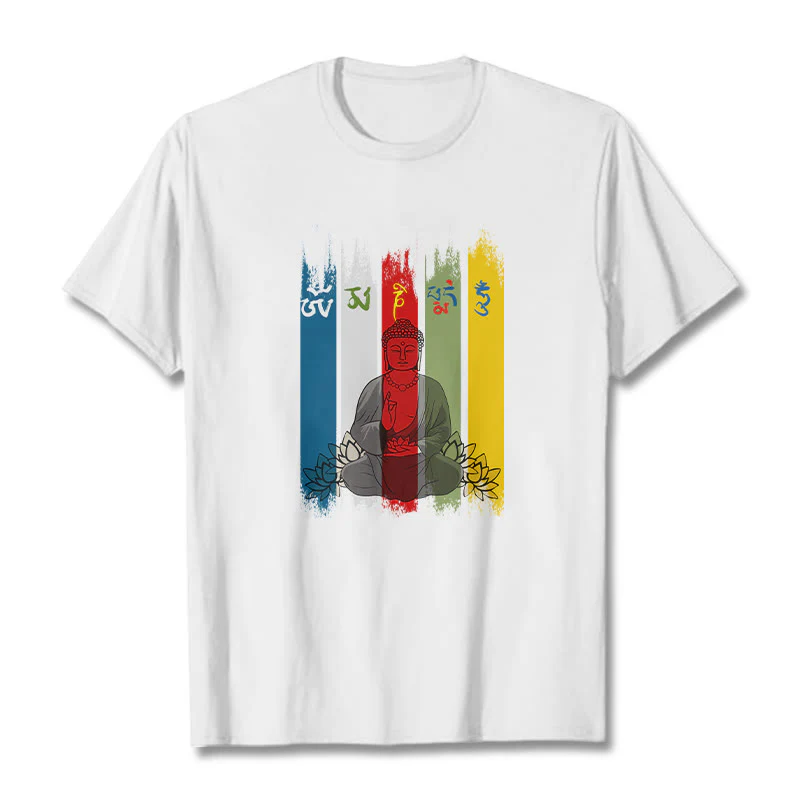 Buddha Stones Sześć Prawdziwych Słów ' Om Mani Padme Hum' Budda Siedzący Z Lotosem Bawełniana Koszulka T-shirt - Image 9