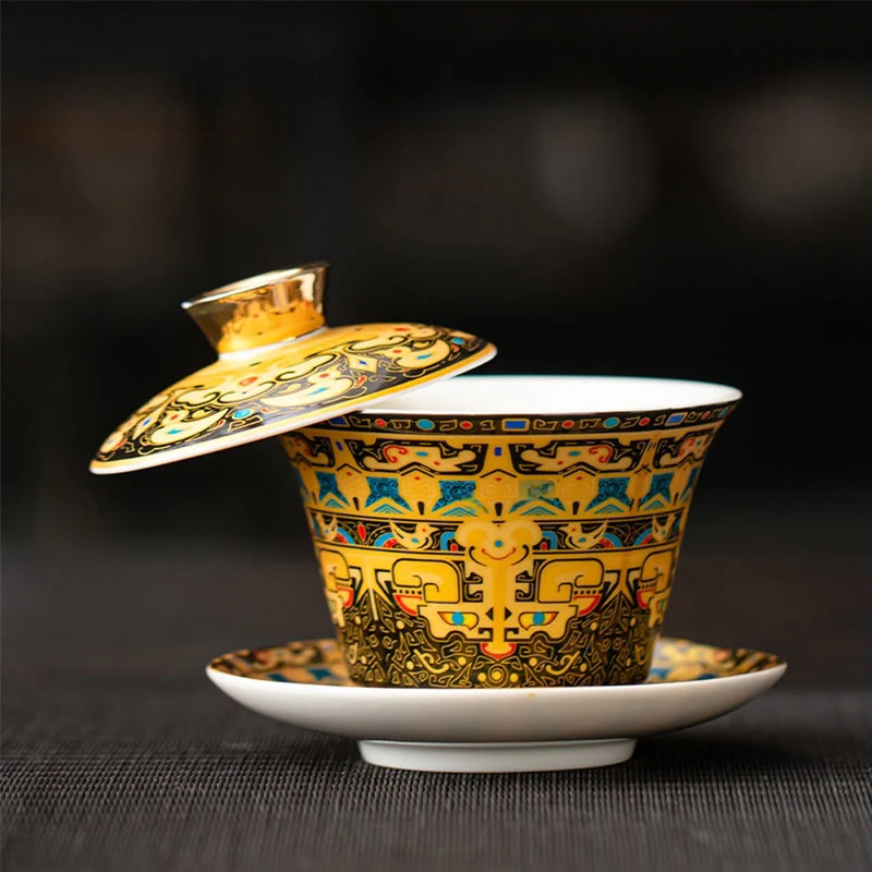 Buddha Stones Thangka Smok Buddowie Dunhuang Ceramiczny Gaiwan Sancai Kung Fu Filiżanka Do Herbaty I Spodek Z Pokrywką Pudełko Prezentowe 180 ml - Image 10