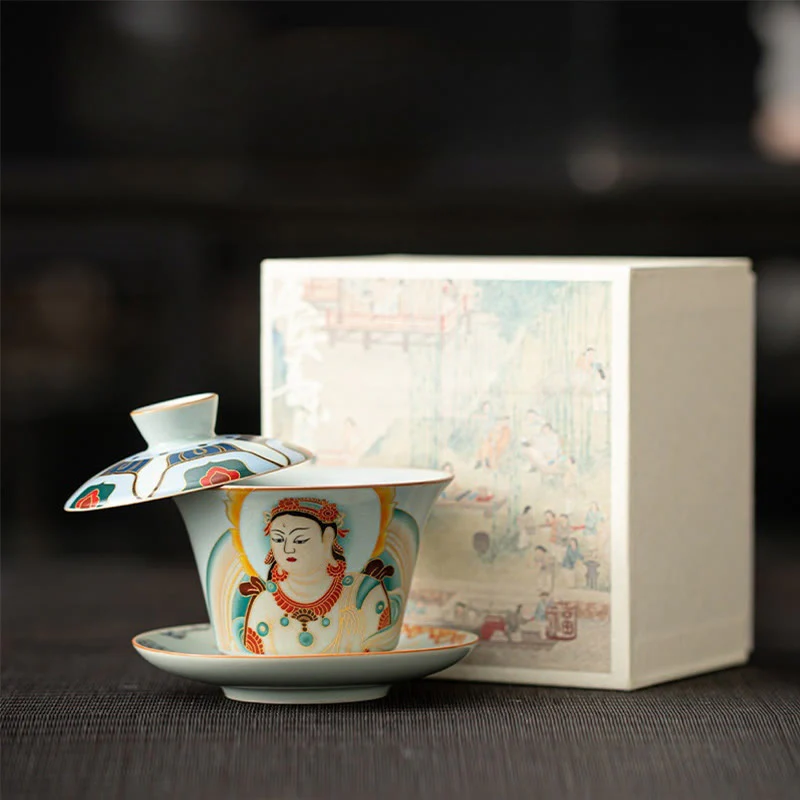 Buddha Stones Thangka Smok Buddowie Dunhuang Ceramiczny Gaiwan Sancai Kung Fu Filiżanka Do Herbaty I Spodek Z Pokrywką Pudełko Prezentowe 180 ml - Image 19