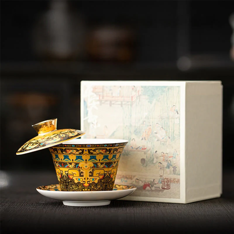 Buddha Stones Thangka Smok Buddowie Dunhuang Ceramiczny Gaiwan Sancai Kung Fu Filiżanka Do Herbaty I Spodek Z Pokrywką Pudełko Prezentowe 180 ml - Image 8