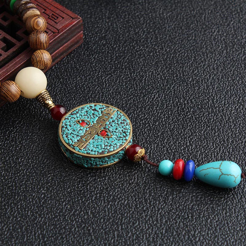 Buddha Stones Turkusowe Koraliki Dzi Koło Modlitewne Naszyjnik Medytacyjny Z Drewna Wenge - Image 2