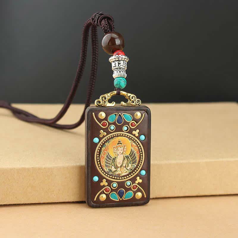 Buddha Stones Tybet Bóg Bogactwa Thangka Ebony Naszyjnik Pokój Wisiorek - Image 11