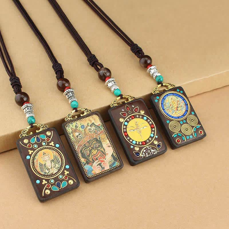Buddha Stones Tybet Bóg Bogactwa Thangka Ebony Naszyjnik Pokój Wisiorek - Image 16