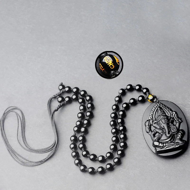 Buddha Stones Tybetański Obsydian Ganesh Ganpati Słoń Bogactwo Amulet Naszyjnik - Image 11