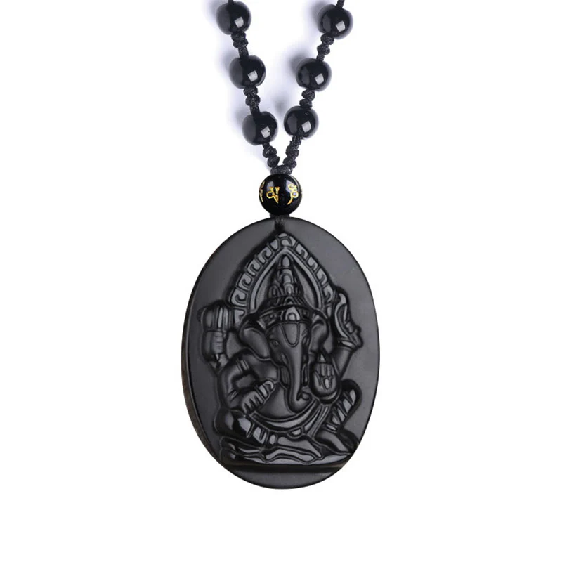 Buddha Stones Tybetański Obsydian Ganesh Ganpati Słoń Bogactwo Amulet Naszyjnik - Image 12