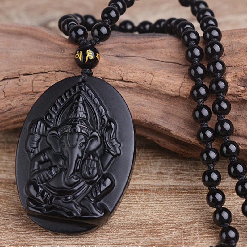 Buddha Stones Tybetański Obsydian Ganesh Ganpati Słoń Bogactwo Amulet Naszyjnik - Image 3