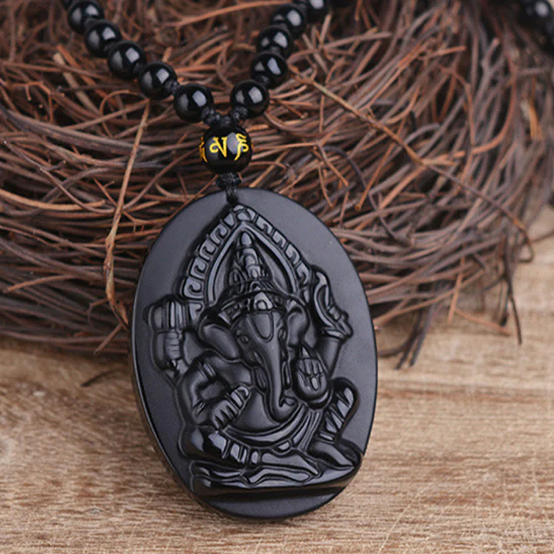 Buddha Stones Tybetański Obsydian Ganesh Ganpati Słoń Bogactwo Amulet Naszyjnik - Image 4