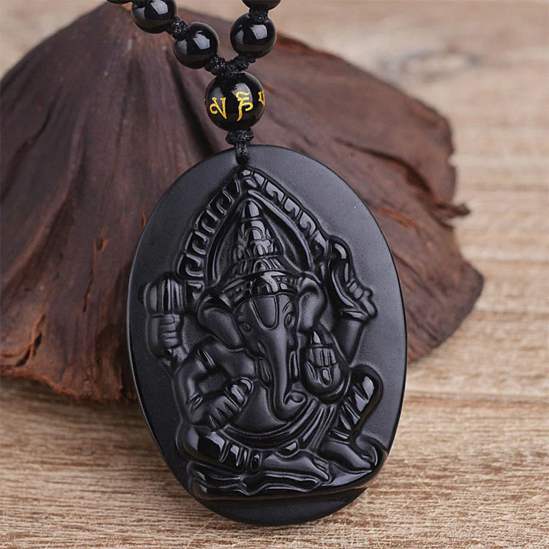 Buddha Stones Tybetański Obsydian Ganesh Ganpati Słoń Bogactwo Amulet Naszyjnik - Image 5