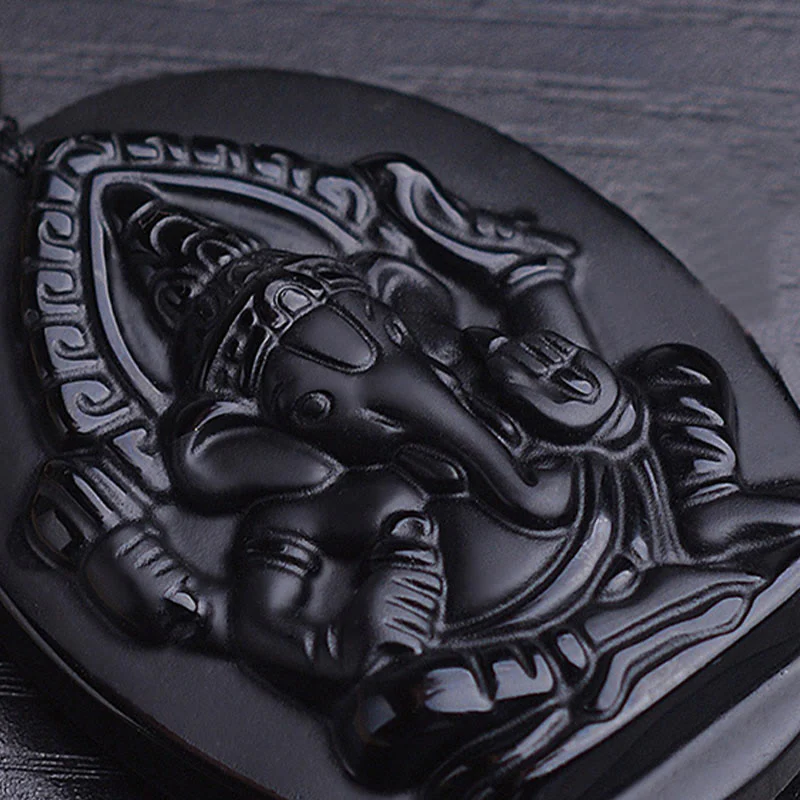 Buddha Stones Tybetański Obsydian Ganesh Ganpati Słoń Bogactwo Amulet Naszyjnik - Image 6