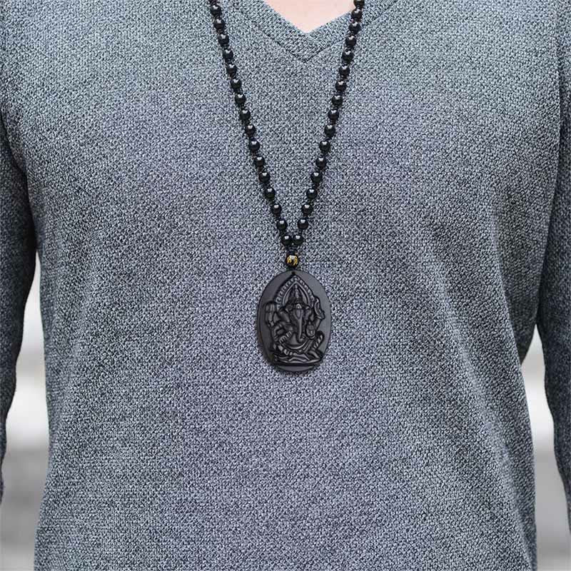 Buddha Stones Tybetański Obsydian Ganesh Ganpati Słoń Bogactwo Amulet Naszyjnik - Image 7