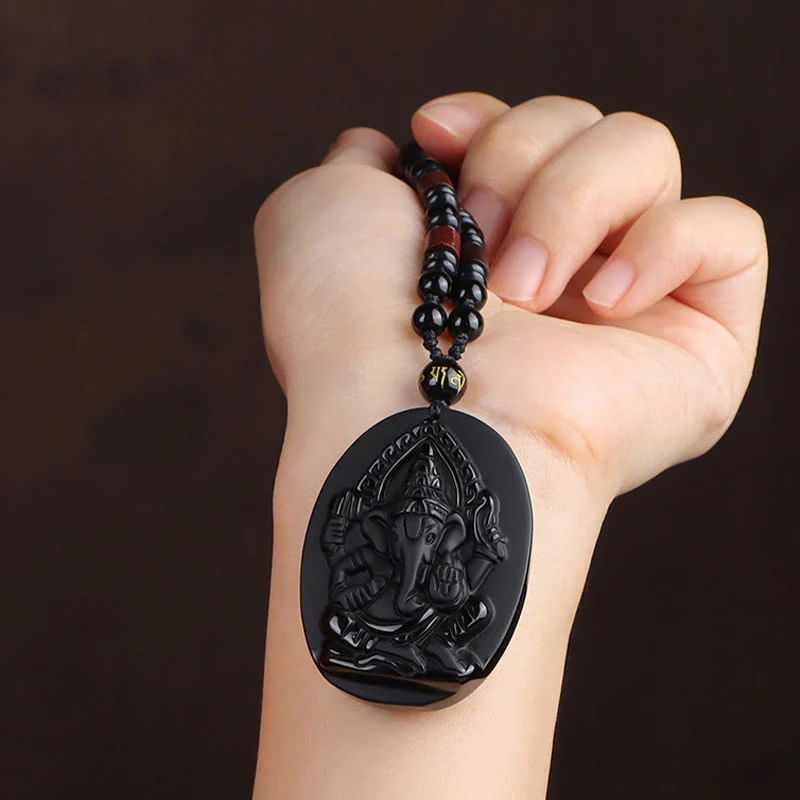 Buddha Stones Tybetański Obsydian Ganesh Ganpati Słoń Bogactwo Amulet Naszyjnik - Image 8
