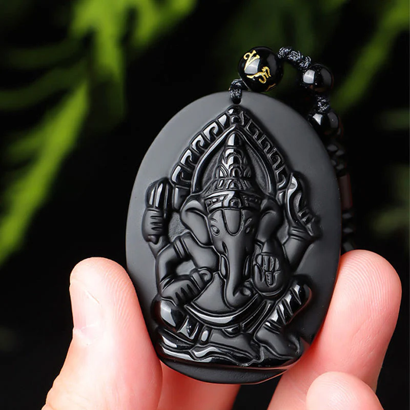 Buddha Stones Tybetański Obsydian Ganesh Ganpati Słoń Bogactwo Amulet Naszyjnik - Image 9