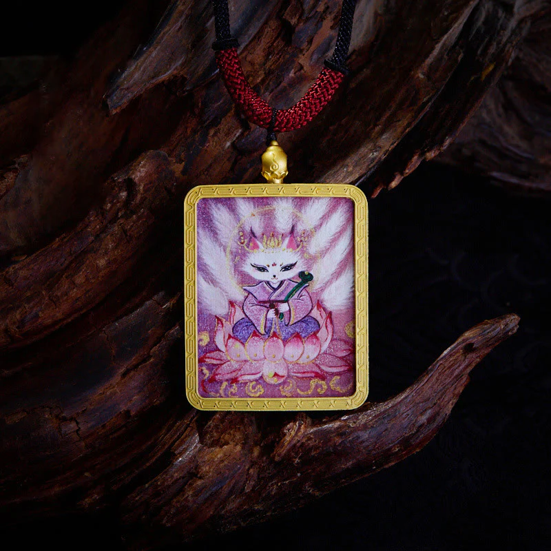 Buddha Stones Tybetański Zakiram Dziewięcioogoniasty Lis Żółty Bóg Bogactwa Malowany Naszyjnik Thangka Nadzieja Wisiorek - Image 2