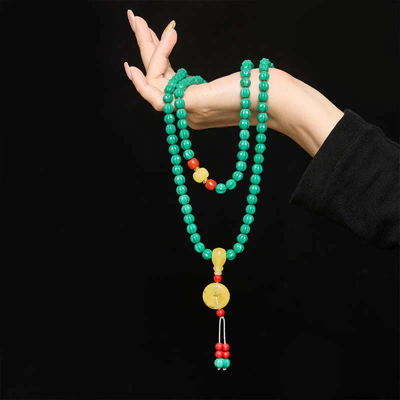 Buddha Stones Tybetańskie koraliki 108 turkusowych koralików dyniowych Dzi Bead Mala do pozytywnego myślenia - Image 5