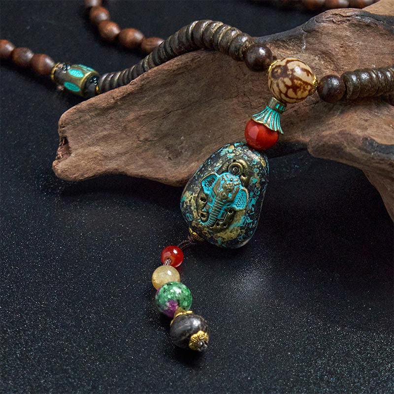 Buddha Stones Tybetańskie Ręcznie Robione Drewno Wenge Ochrona Dzi Koralik Naszyjnik Głowa Słonia Wisiorek - Image 13