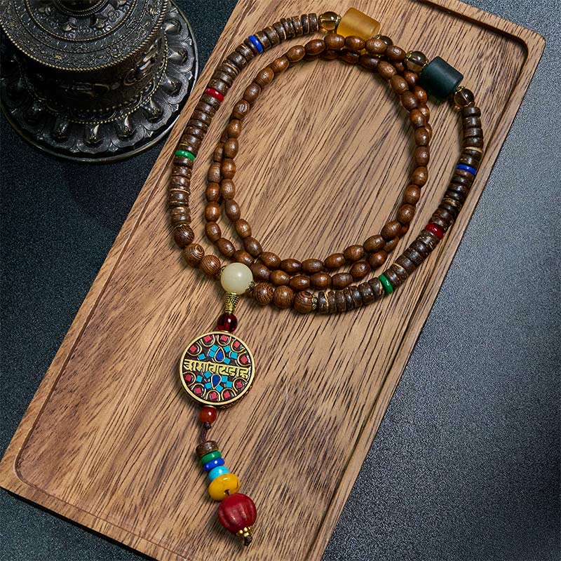 Buddha Stones Tybetańskie Ręcznie Robione Skorupki Kokosa Schima Drewno Wielki Jasny Mantra Miedziany Koralik Równowaga Naszyjnik Wisiorek