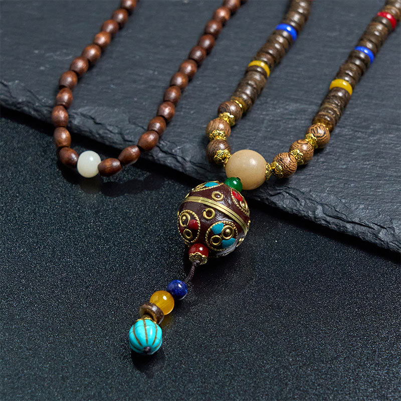 Buddha Stones Tybetańskie Ręcznie Robione Skorupki Kokosa Schima Drewno Wielki Jasny Mantra Miedziany Koralik Równowaga Naszyjnik Wisiorek - Image 11