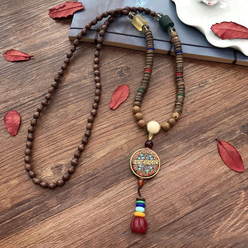 Buddha Stones Tybetańskie Ręcznie Robione Skorupki Kokosa Schima Drewno Wielki Jasny Mantra Miedziany Koralik Równowaga Naszyjnik Wisiorek - Image 3
