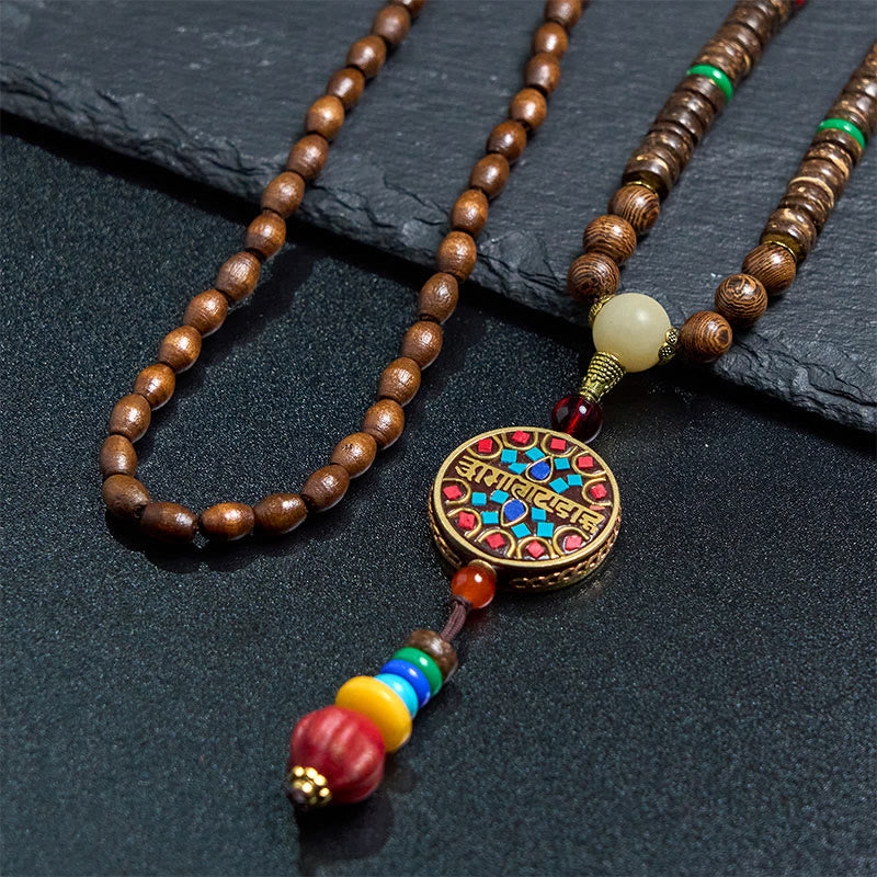 Buddha Stones Tybetańskie Ręcznie Robione Skorupki Kokosa Schima Drewno Wielki Jasny Mantra Miedziany Koralik Równowaga Naszyjnik Wisiorek - Image 4