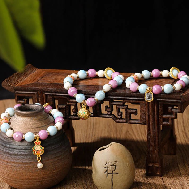 Buddha Stones Tybetańskie Zakiram Bogini Bogactwa Królik Głowa Lwa Charm Liuli Szkło Kadzidło Popiół Porcelanowa Koralik Ochrona Bransoletka