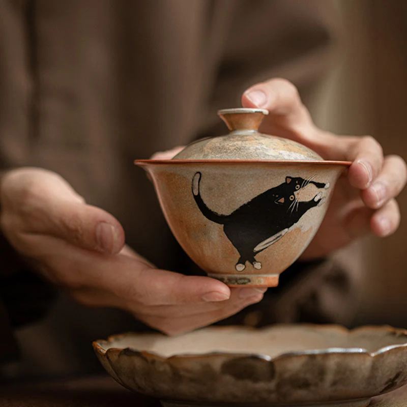Buddha Stones Uroczy Kot Ceramiczny Gaiwan Filiżanka Kung Fu Filiżanka Do Herbaty Z Pokrywką 130 ml - Image 7