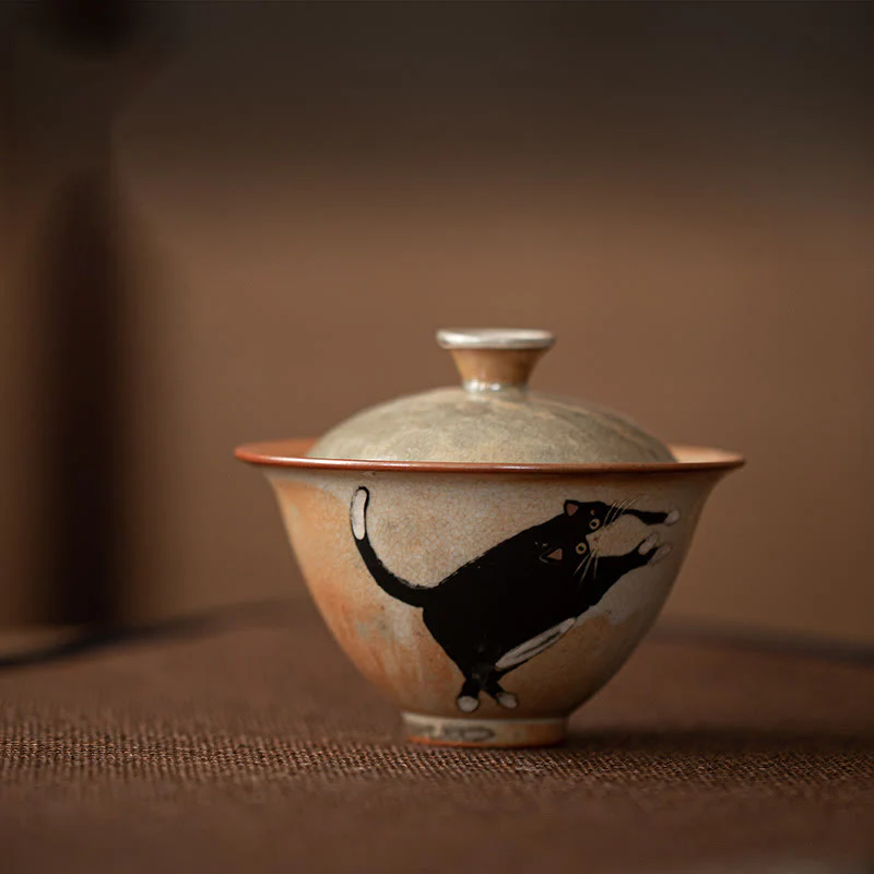 Buddha Stones Uroczy Kot Ceramiczny Gaiwan Filiżanka Kung Fu Filiżanka Do Herbaty Z Pokrywką 130 ml - Image 8