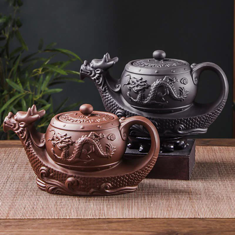 Buddha Stones Vintage Dragon Pomyślne Chmury Fioletowa Glina Ceramiczny Czajnik - Image 2
