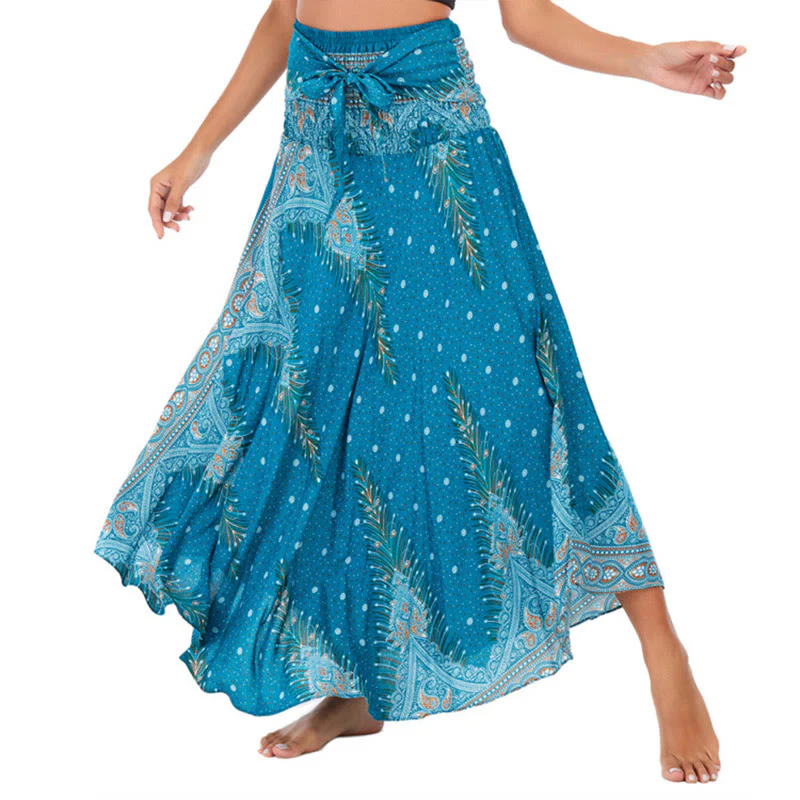 Buddha Stones w dwóch stylach, sukienka Boho Summer Peacock Feather Lace-up Skirt
