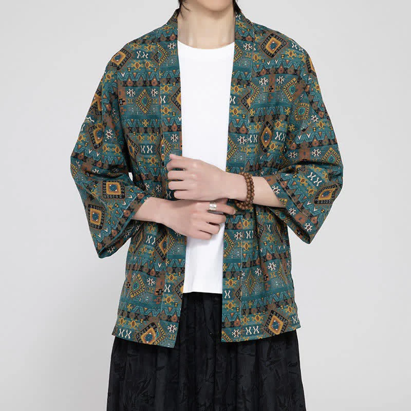 Buddha Stones Wiosenne letnie boho casualowe męskie kimona z kieszeniami naszywanymi i geometrycznymi wzorami - Image 5