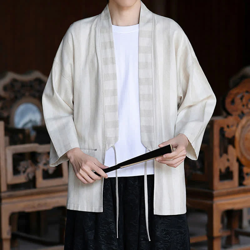 Buddha Stones Wiosenne letnie swobodne męskie kimono w stylu Tang, ściągane sznurkiem, z litej bawełny i lnu, z rękawami 3/4 i kieszenią - Image 2