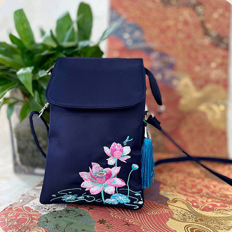 Buddha Stones Wodoodporna Ręcznie Haftowane Kwiaty Lotosu Torba Crossbody Torba Na Ramię Torba Na Telefon Komórkowy - Image 15