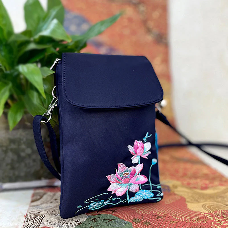 Buddha Stones Wodoodporna Ręcznie Haftowane Kwiaty Lotosu Torba Crossbody Torba Na Ramię Torba Na Telefon Komórkowy - Image 16