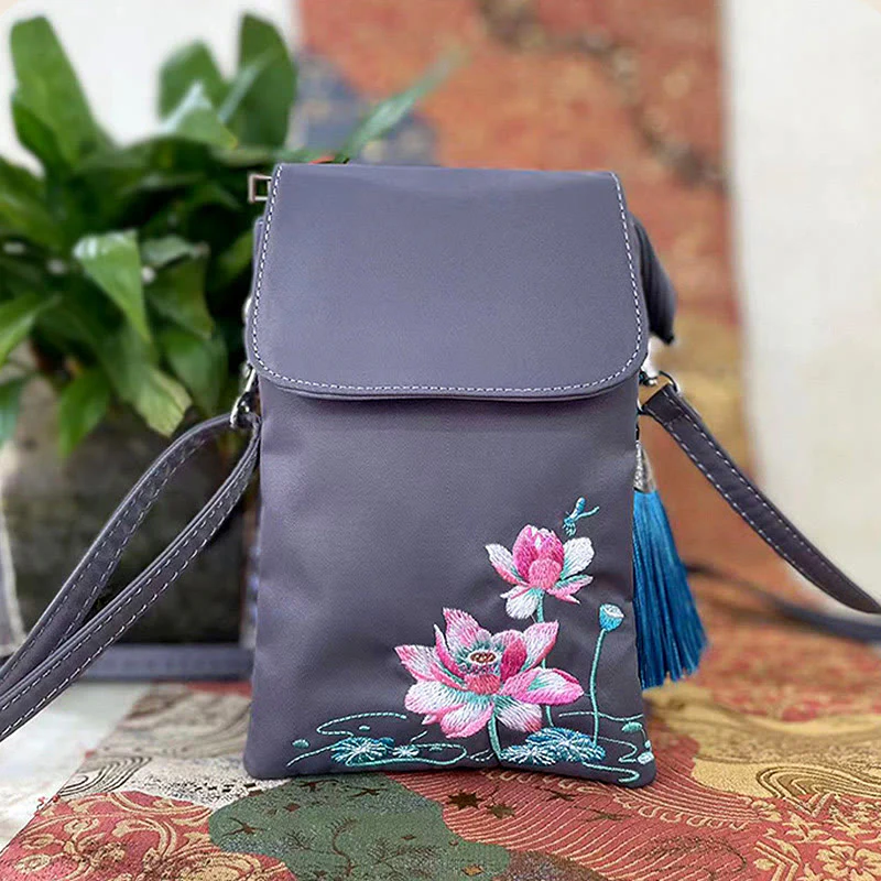 Buddha Stones Wodoodporna Ręcznie Haftowane Kwiaty Lotosu Torba Crossbody Torba Na Ramię Torba Na Telefon Komórkowy - Image 25