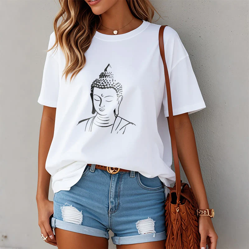 Buddha Stones Wzór Głowy Buddy Bawełniana Koszulka T-shirt - Image 6