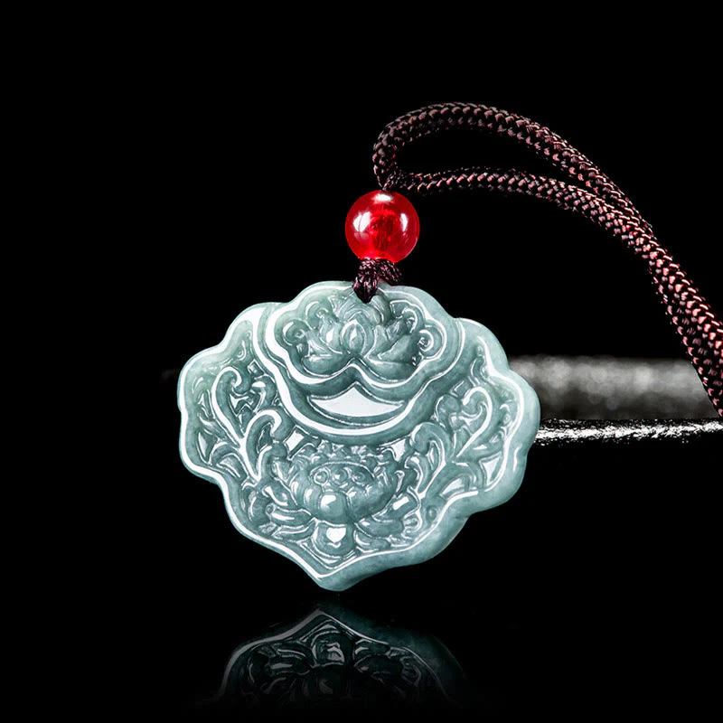 Buddha Stones Wzór Lotosu Rzeźbiony Jadeit Obfitość Dobrobyt Naszyjnik Wisiorek Lina