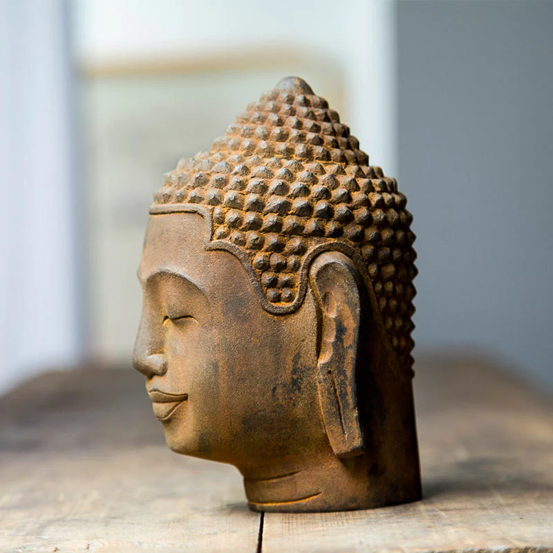 Buddha Stones Zamknięte Oczy Kontemplacja Medytująca Głowa Buddy Proszek Żelaza Rdza Odlew Żywicy Statua Dekoracja Domu - Image 3